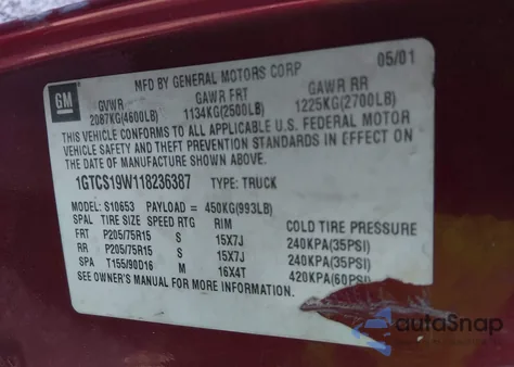 2001 GMC Sonoma Sls z USA, uszkodzony, nr VIN 1GTCS19W118236387